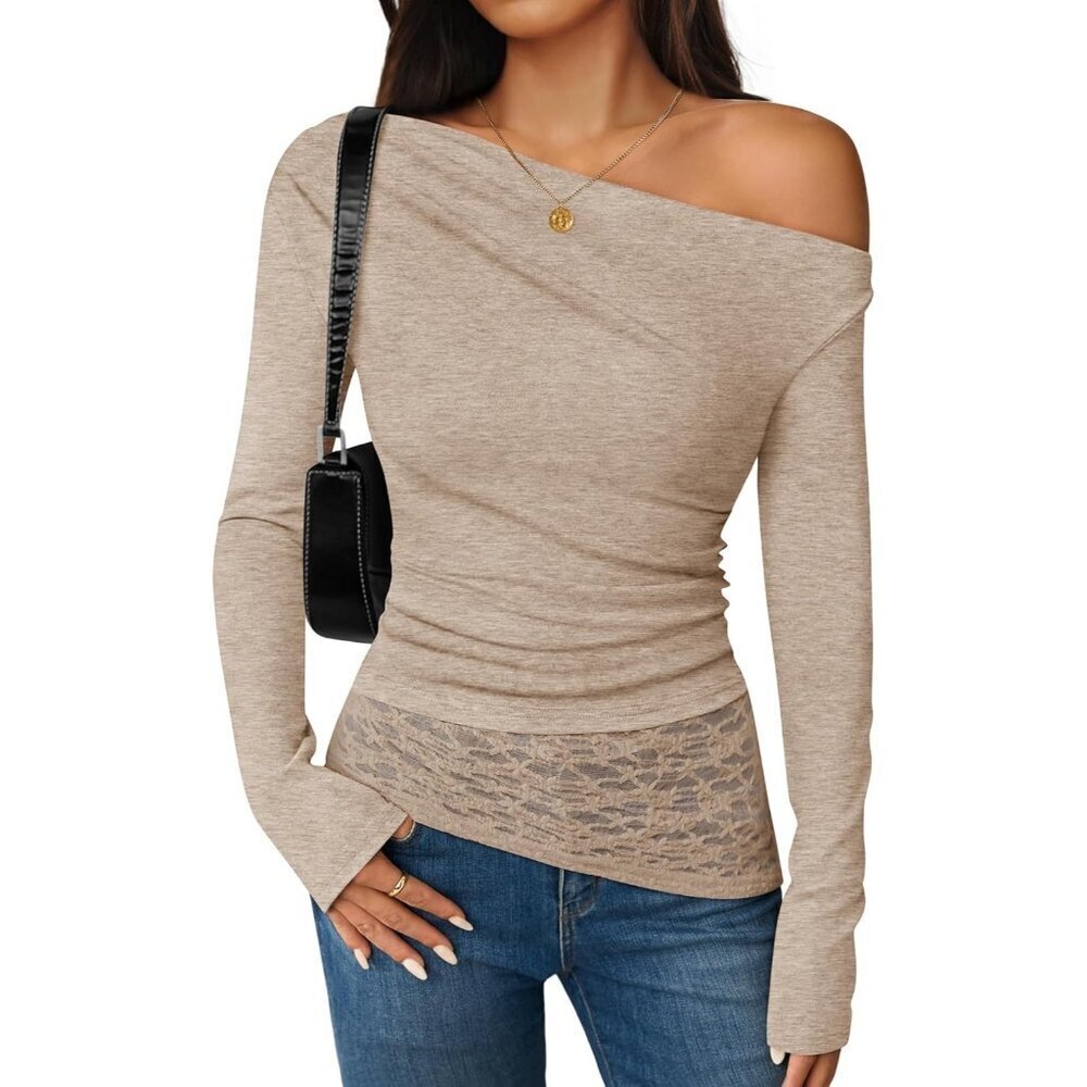 Womens Off Shoulder Khaki Long Sleeve Top Casual Lace Slim Fit Fall Y2K Blouse